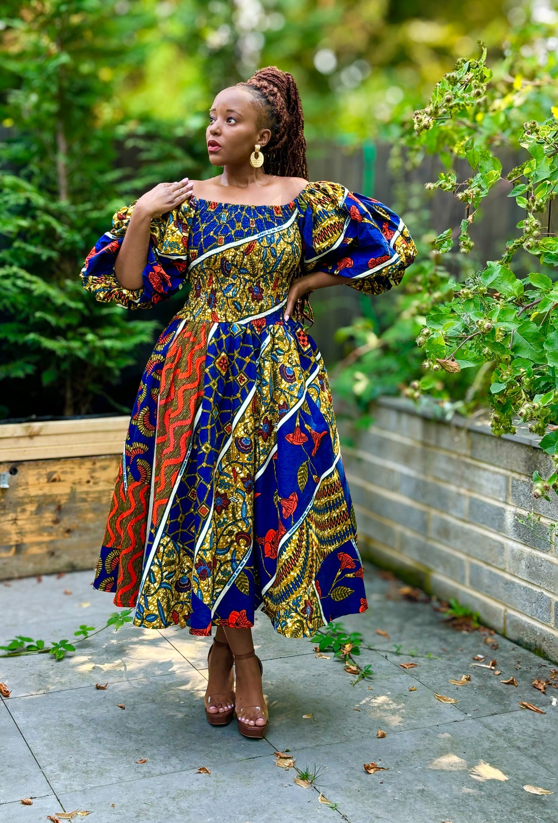 FAHRA smocked patchwork dress with puff sleeves