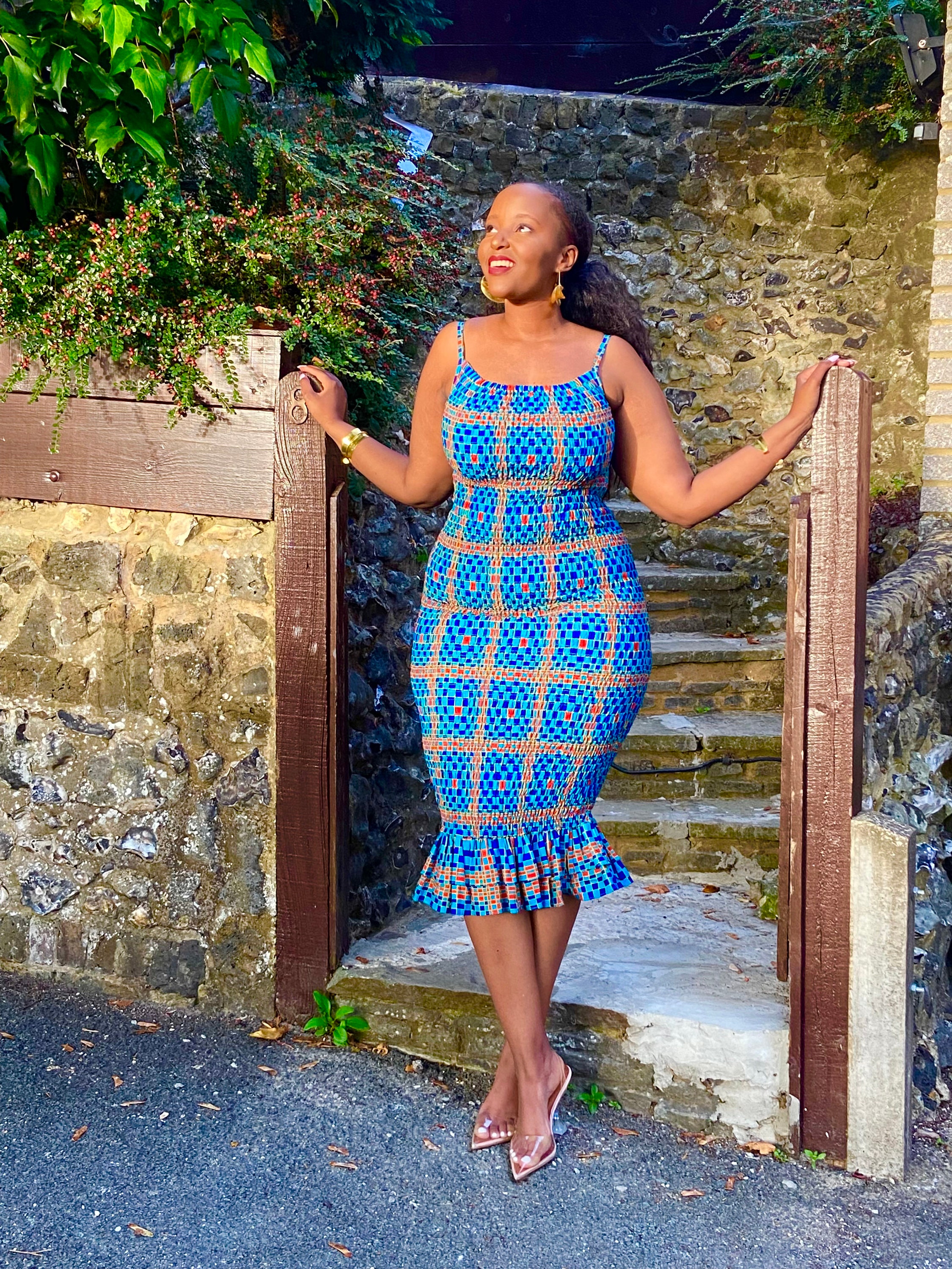 african print bodycon dress Mira Women's African Print Bodycon Dress with Lace Cover-up S / Blue