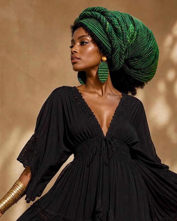African Print Head Wrap and Large Disc Earrings in a Green Geometric Print