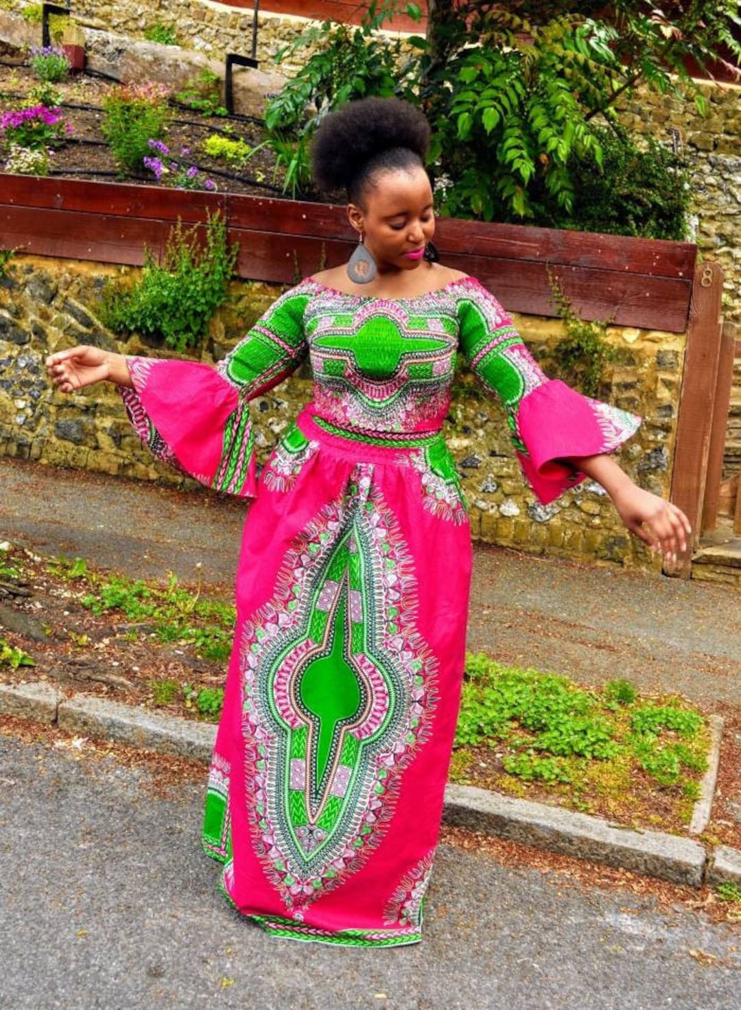 Sideway Dashiki Midi Skirt (Sassy Pink)
