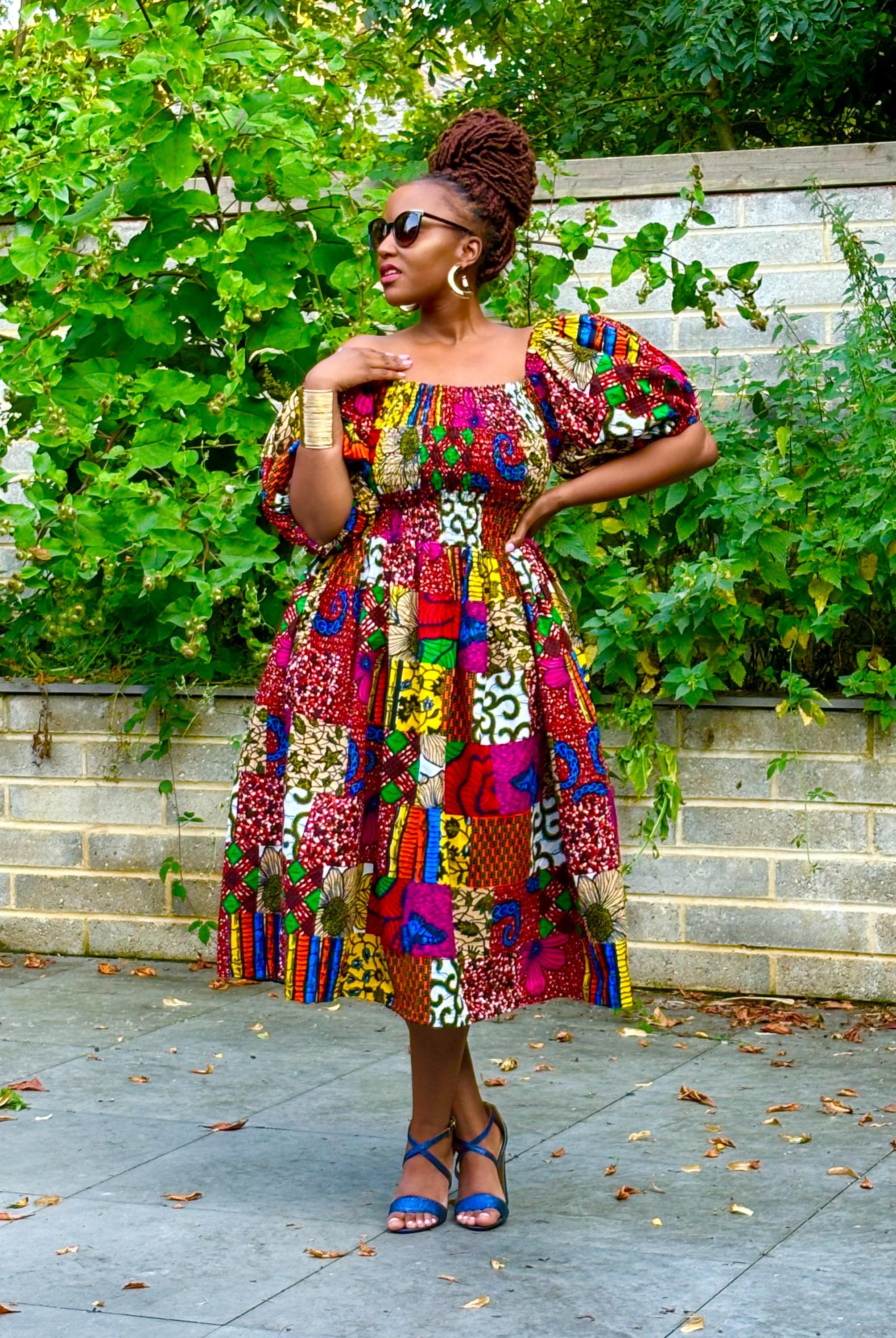 NANTE Smocked Mixed Print Patchwork Dress With Statement Puff
