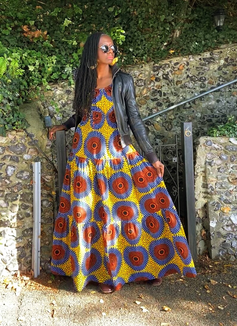 Smocked peasant inspired African print dress.