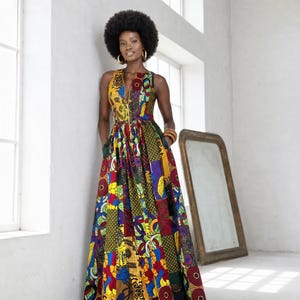 Lola African print summer sleeveless maxi dress in a vibrant mixed patchwork print.