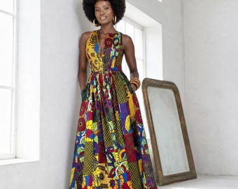 Lola African print summer sleeveless maxi dress in a vibrant mixed patchwork print.