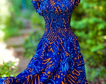 Smocked Ankara dress in blue.