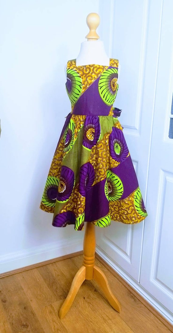 mustard and purple dress African Print Fit and Flare Belted Girl's Dress in Purple, Green and Mustard  Hues