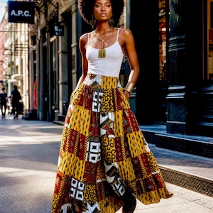 African print patchwork statement maxi skirt.