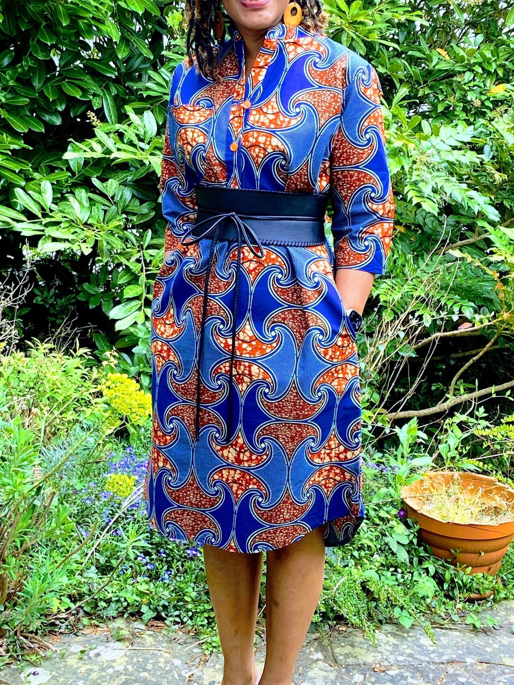 African Print Shirt Dress with A Dipped Hem Back.