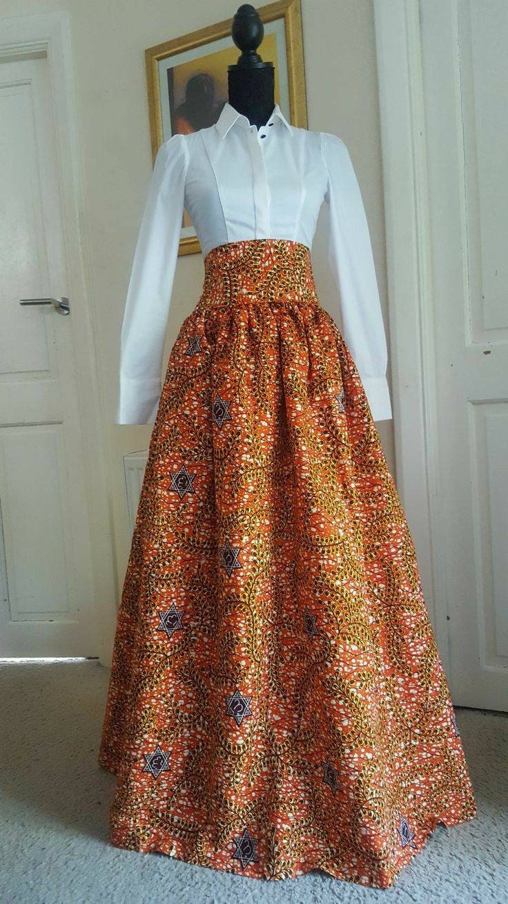 Image of African Print Orange Full Belted Maxi Skirt