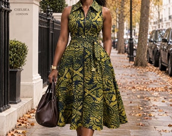 Shali collared sleeveless dress in a hand made tye and dye fabric.