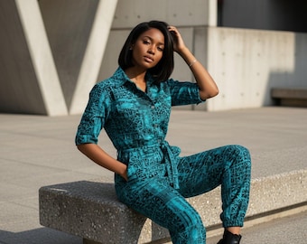 Razi collared  jumpsuit in a vibrant contemporary African.