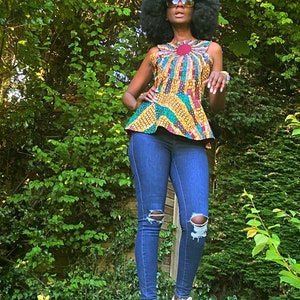WUNAM peplum Ankara top in Green and burgundy
