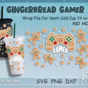 Może przedstawiać: Cyfrowy plik do pobrania z opakowaniem w stylu gingerbread gamer do kubka na zimne napoje o pojemności 24 uncji. Projekt zawiera kontroler do gier z piernika, ludziki z piernika i napis "Gamer".