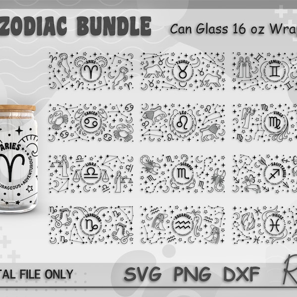 Zodiac Sign Can Wrap Bundle Svg, Astrology Libbey Can Svg, Horoscope Wrap Svg, Constellations Svg, Full Wrap For 16oz Beer Can Shape Glass