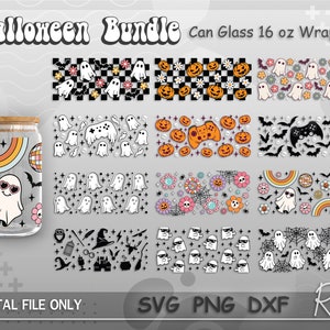 Halloween Can Glass Bundle Svg, Retro Groovy Halloween Wrap Files Svg, Spooky Ghost Libbey Can Svg, Full Wrap For 16oz Beer Can Shape Glass