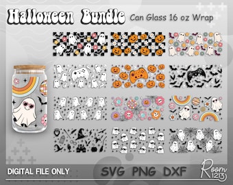 Halloween Can Glass Bundle Svg, Retro Groovy Halloween Wrap Files Svg, Spooky Ghost Libbey Can Svg, Full Wrap For 16oz Beer Can Shape Glass