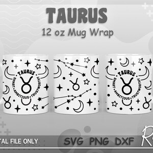 Taurus Zodiac Sign Mug Wrap Svg, Astrology Mug Wrap Svg, Constellations Svg, Zodiac Sign Sublimation Png, 12oz Mug Wrap For Cricut Mug Press