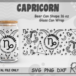 山羊座の星座缶ラップ SVG、占星術 Libbey SVG、星占いラップ SVG、星座 SVG、16 オンスのビール缶型ガラス用フルラップ