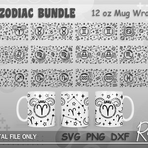 Puede incluir: Un conjunto de 12 envolturas de taza de signo del zodíaco, cada una con un símbolo del zodíaco y un diseño de constelación diferentes. Las envolturas son en blanco y negro y están diseñadas para tazas de 350 ml. La imagen también muestra tres tazas con diferentes diseños del zodíaco.