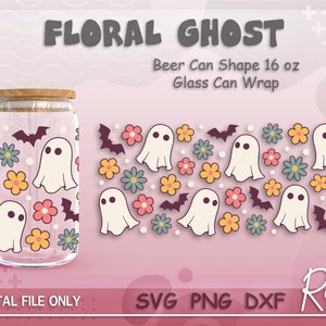 Floral Ghost Svg, Halloween Can Glass Wrap File, Cute Flower Ghost Libbey Can Svg, Boo Wrap Svg, Full Wrap For 16oz Beer Can Shape Glass