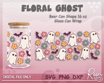 Floral Ghost Svg, Halloween Can Glass Wrap File, Cute Flower Ghost Libbey Can Svg, Boo Wrap Svg, Full Wrap For 16oz Beer Can Shape Glass