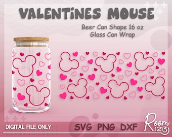 Valentines Mouse Wrap File Svg, Cute Cartoon Mouse Can Wrap Svg, Pink Valentines Hearts Can Wrap Svg, Full Wrap For 16oz Beer Can Glass
