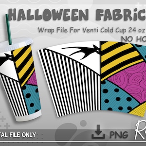 Halloween Nightmare Fabric cold cup Png No Hole, Gothic Cartoon Tumbler, Spooky Character Pattern Png, Full Wrap For Venti Cold Cup 24 oz
