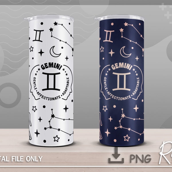 Gemini Zodiac Sign Skinny Tumbler PNG, Astrology Wrap PNG, Constellation PNG, Instant Download, Seamless 20oz Skinny Tumbler Sublimation