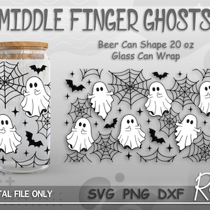 Fantasmi del dito medio possono vetro Svg, file di avvolgimento di Halloween spettrale, ragnatela fantasma Libbey può Svg, involucro completo per vetro a forma di lattina di birra da 20 once