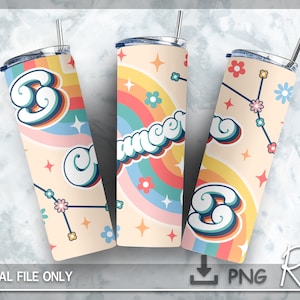 Cancer Retro Zodiac Sign Skinny Tumbler PNG, Groovy Zodiac Constellation PNG, Instant Download, Seamless 20oz Skinny Tumbler Sublimation