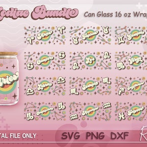 Retro Zodiac Sign Can Wrap Bundle Svg, Groovy Constellations Libbey Can Svg, jaren '70 Astrologie Can Svg, Full Wrap For 16oz Beer Can Shape Glass