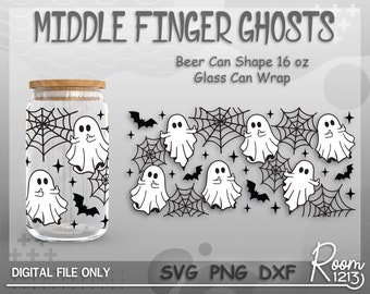 Middle Finger Ghosts Can Glass Svg, Spooky Halloween Wrap File, Ghost Spider Web Libbey Can Svg, Full Wrap For 16oz Beer Can Shape Glass