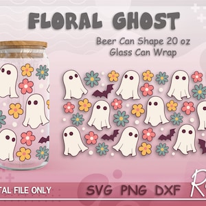 Floral Ghost Svg, Halloween Can Glass Wrap File, Cute Flower Ghost Libbey Can Svg, Boo Wrap Svg, Full Wrap For 20oz Beer Can Shape Glass