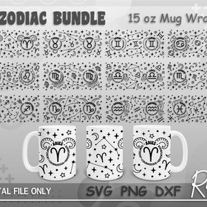 Puede incluir: Una descarga digital de 12 envolturas de taza de signo del zodíaco. Cada envoltura presenta una ilustración en blanco y negro de un signo del zodíaco con constelaciones y estrellas. Las envolturas de taza están diseñadas para tazas de 440 ml.