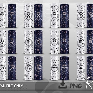 Zestaw kubków z napisem Zodiac Sign Skinny Tumbler PNG, opakowanie astrologiczne PNG, konstelacja PNG, natychmiastowe pobieranie, bezszwowa 20-uncjowa sublimacja kubka Skinny Tumbler