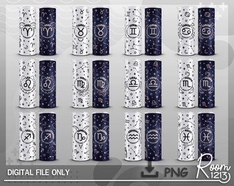 Zodiac Sign Skinny Tumbler PNG-bundel, Astrologie Wrap PNG, Constellation PNG, Instant Download, Naadloze 20oz Skinny Tumbler Sublimatie