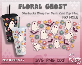 Starbucks Floral Ghost No Hole Svg, Halloween Starbucks Wrap File, Cute Flower Ghost Svg, Boo Wrap Svg, For Starbucks Venti Cold Cup 24 oz