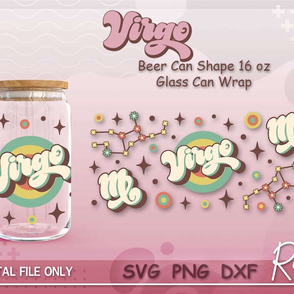 Virgo Retro Zodiac Sign Can Wrap Svg, Groovy Constellations Libbey Can Svg, Astrology Can Svg, Full Wrap For 16oz Beer Can Shape Glass