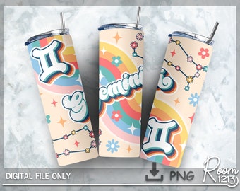 Gemini Retro Zodiac Sign Skinny Tumbler PNG, Groovy Zodiac Constellation PNG, Instant Download, Seamless 20oz Skinny Tumbler Sublimation