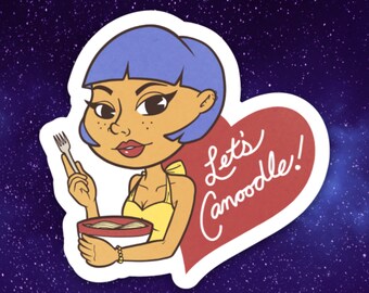 Könnte beinhalten: Ein Aufkleber mit einer Comicfigur einer Frau mit blauen Haaren, die ein gelbes Tanktop trägt, eine Schüssel Nudeln und eine Gabel hält. Der Aufkleber hat die Form eines roten Herzens mit dem Text "Let's Canoodle!" in Weiß.