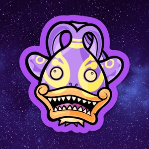 May include: A cartoon illustration of a purple and yellow fish with a wide open mouth and sharp teeth. The fish has a whimsical expression and is set against a starry background.