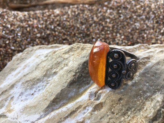 Vintage Silver and Amber statement ring - Unique … - image 2