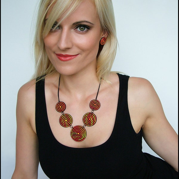 Girl on fire jewelry set / Necklace earrings set / Black red orange yellow jewelry / Polymer clay jewelry / Red jewelry / Orange jewelry