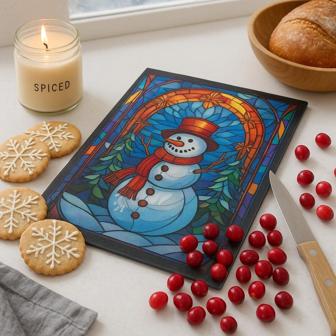 Snowman Stained Glass Tempered Glass Cutting Board: Christmas Kitchen ...