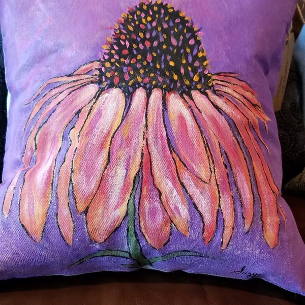 Hand Painted cone flower on a Canvas Pillow with insert