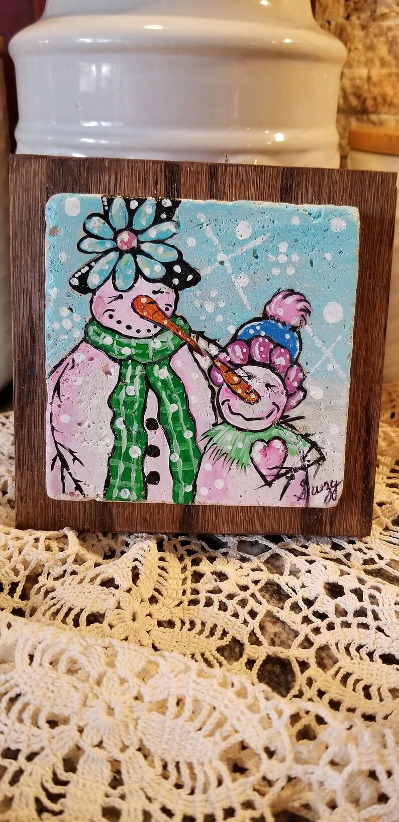 Hand Painted Snowman Mom And Ceramic Tile Coaster With A Image 0