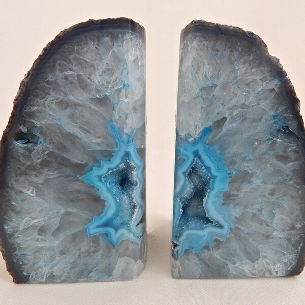 Aqua and Turquoise Blue Agate Quartz Crystal Bookend Pair, Druzy Bookend Set