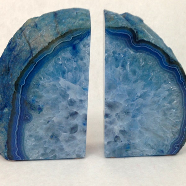 Blue Quartz Crystal Agate Bookends, Natural Stone Book Ends