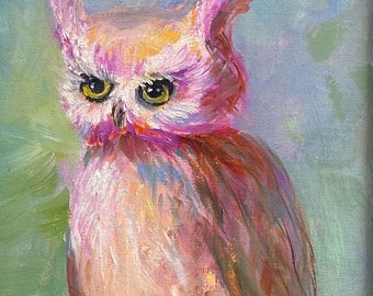 Baby Pink Owl Oil Painting kids wall decor kids bedroom picture pink animal portrait, original art original oil painting small art 5x7