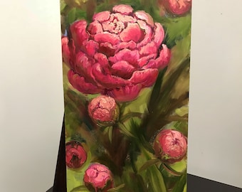 roze pioenroos schilderij, originele kunstwerk, pioenroos kunstwerk, bloeiende bloemen, galerie kunst verkoop, olieverfschilderij 12x6